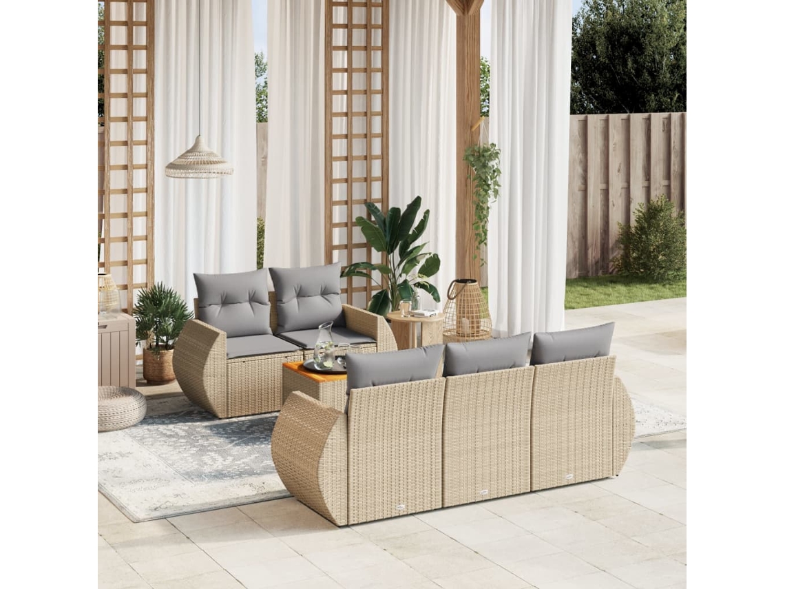 Conjunto de sofá de jardín de 6 piezas con cojines, mimbre sintético beige, Dkd Home Decor