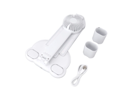Lámpara de escritorio LED con ventilador, 4 cabezales, control táctil, reloj.