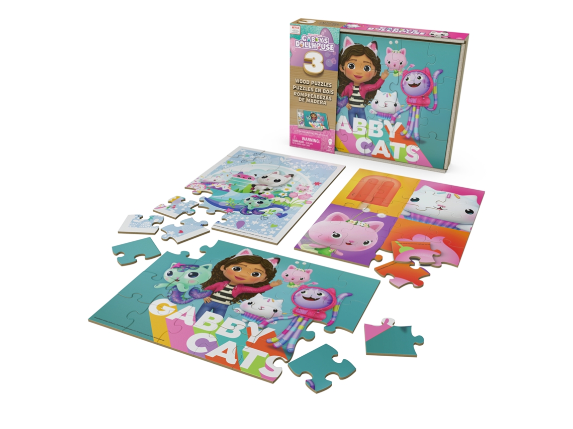 Puzzle SPIN MASTER Games La casa de muñecas de Gabby, 3 rompecabezas de madera de 12 piezas, Rompecabezas de 16 piezas con caja de almacenaje de madera, Romp