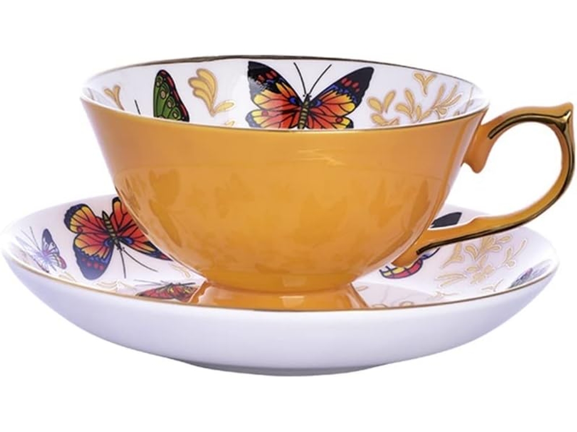 Taza Y Platillo De Café Porcelana Fina Alta Calidad, Estilo Japonés (color: Amarillo)