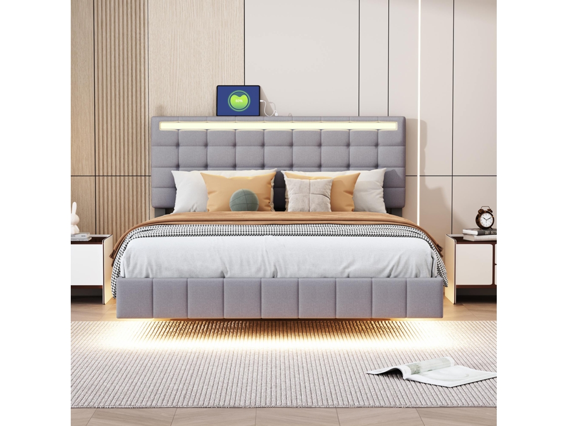 Cama Polster 140 X 200 Cm - Estructura Suspendida Con Led, Cabecero De Diseño - Gris