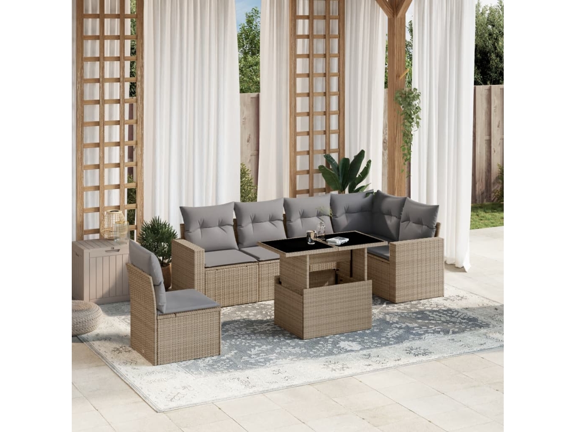 Conjunto de sofá de jardín de 7 piezas con cojines, mimbre sintético beige, Dkd Home Decor