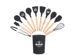 Juego de 12 utensilios de cocina de silicona antiadherentes sin BPA, color negro