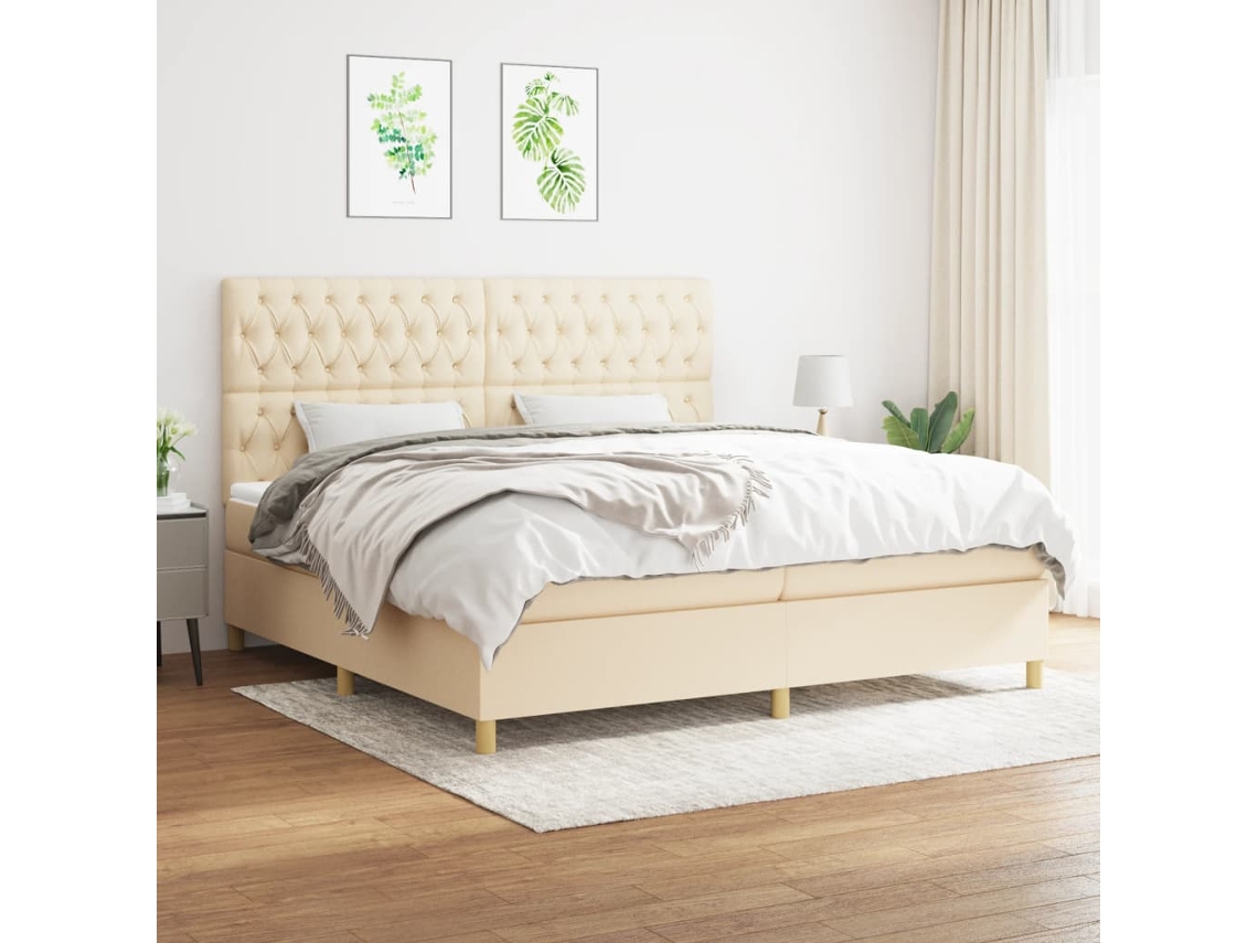 Cama Box Spring Con Colchón Tela Color Crema 200x200 Cm