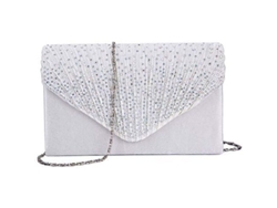 Bolso De Mano Tipo Sobre De Satén Plateado Con Diamantes Para Mujer, Ideal Para Fiestas, Bodas, Graduaciones O Como Bolso De Hombro.