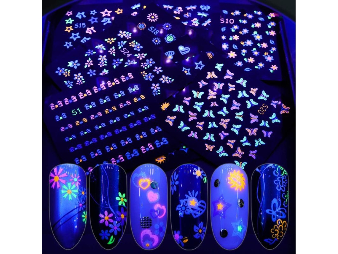 24 Láminas De Pegatinas Autoadhesivas Fluorescentes 3d Para Uñas - Diseños De Mariposas, Flores Y Frutas - Hazlo Tú Mismo