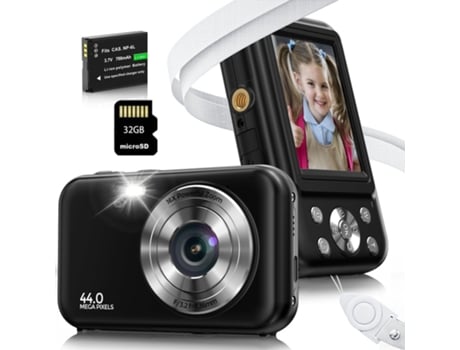 Cámara fotos digital infantil compacta DC406 cámara FDH 44MP Enfoque automático ZOOM 16X Pantalla de 2,4 pulgadas + 32G - Negro LKC