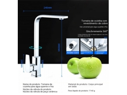 Grifo de cocina de latón con diseño cuadrado y rotación de 360° | Agua fría y caliente