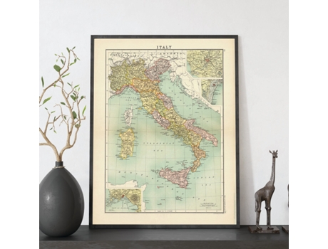 NACNIC Pósters Geográficos En Vintage Mapa Político De Italia Ilustraciones De Antiguos Mapamundis En Tonos Sepia Tamaño A3 Con Marco Color Madera