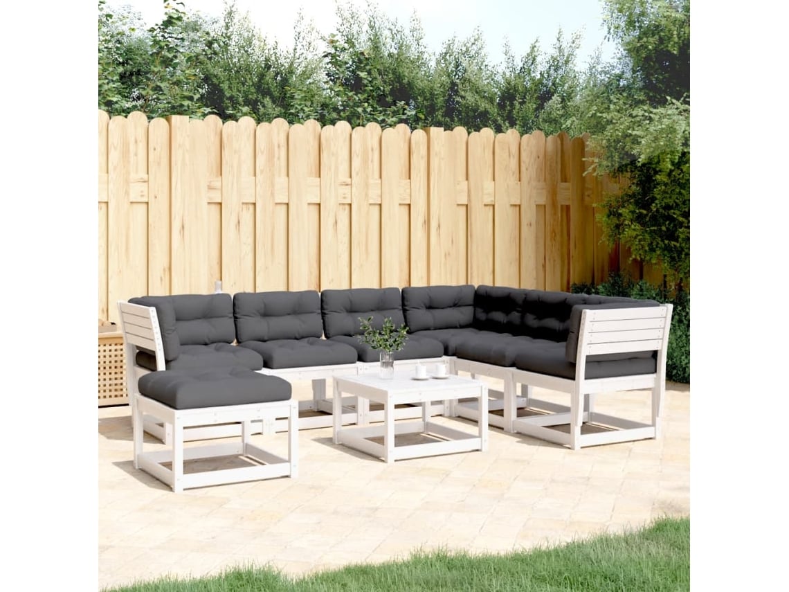 Conjunto de jardín de 7 piezas con cojines, pino macizo blanco, DKD Home Decor