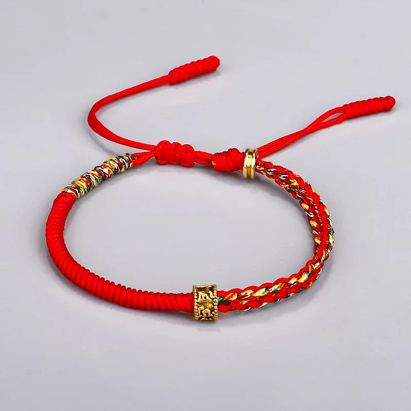 Pulsera De Cuentas De Oración Budistas Tibetanas De Seis Sílabas (roja), Cuerda De Algodón Tejida A Mano.