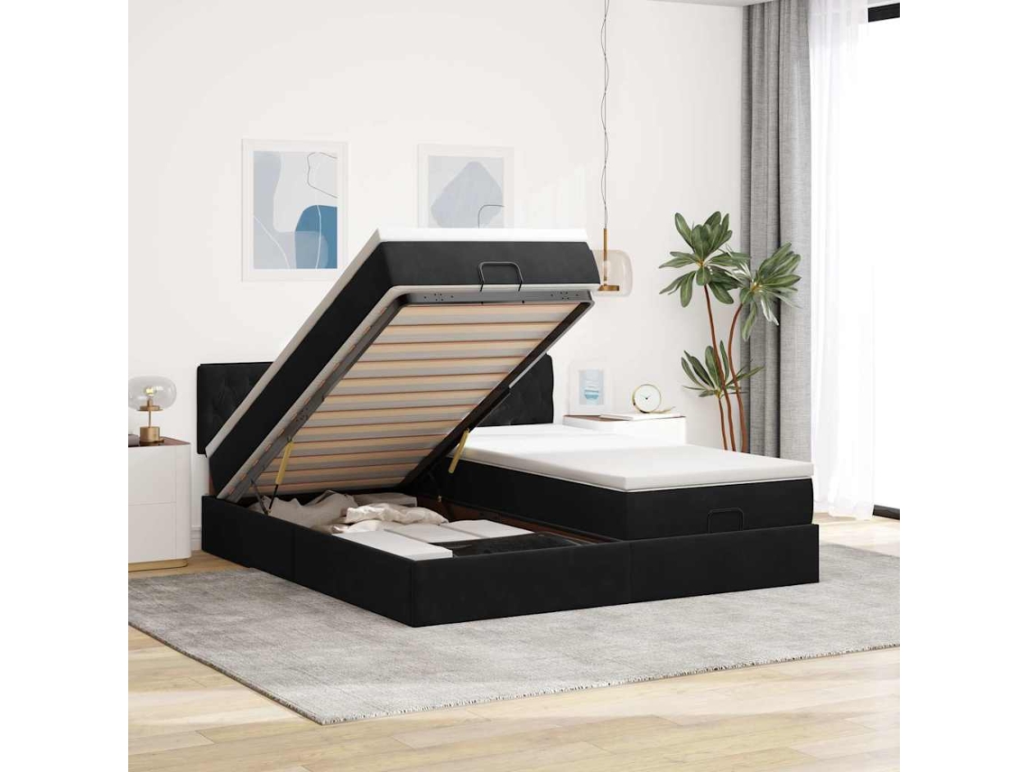 Estructura De Cama Otomana Colchones Terciopelo Negro 200x200cm