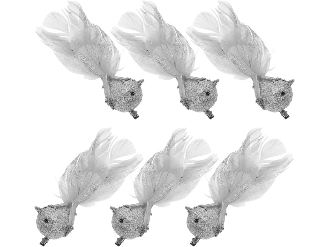 6 Piezas De Pájaros Artificiales De Espuma Con Plumaje Plateado Y Clip Ligero Para Decoración.