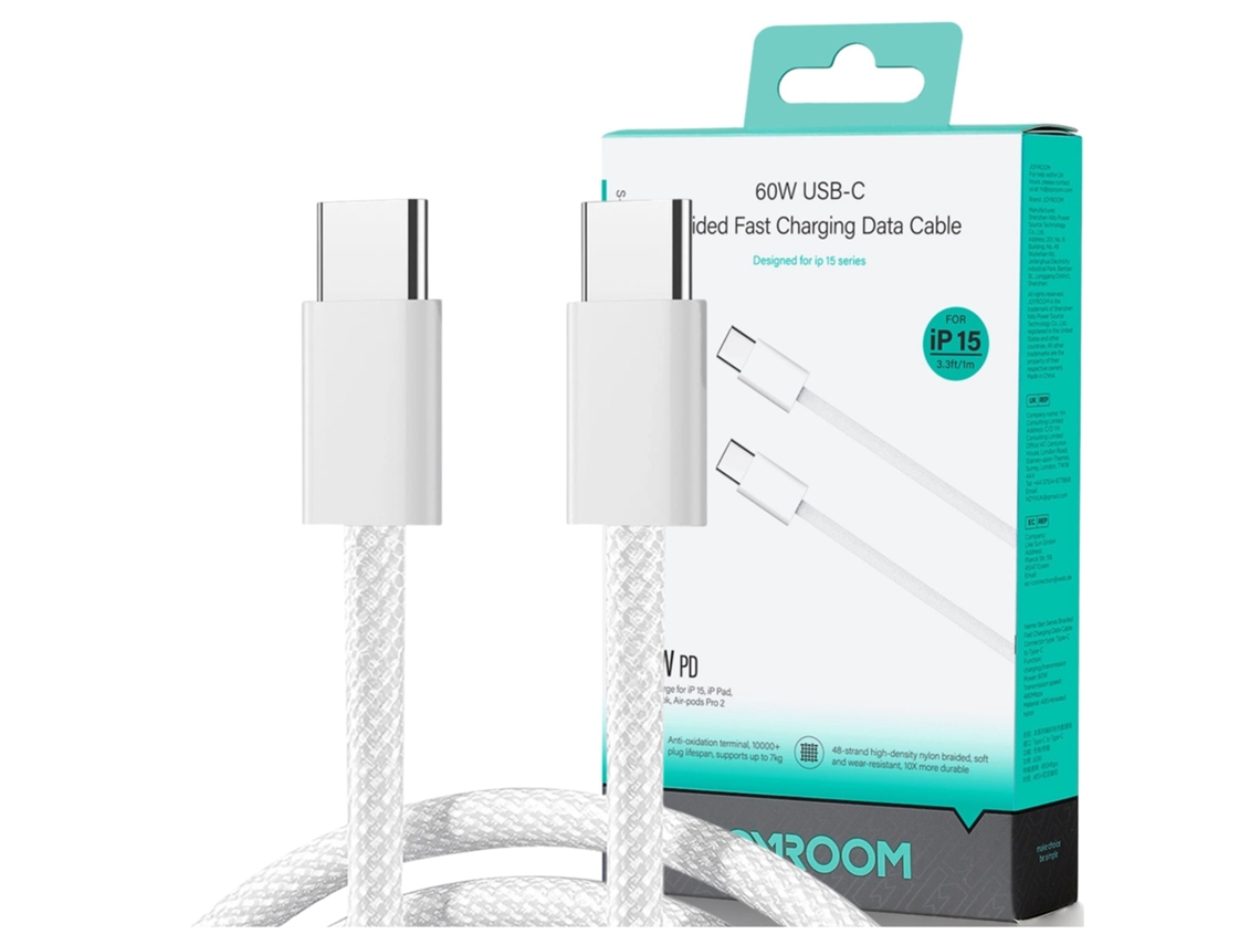 Cable USB-C a USB-C Joyroom de 60 W para celulares, tabletas y portátiles, trenzado de 1 metro