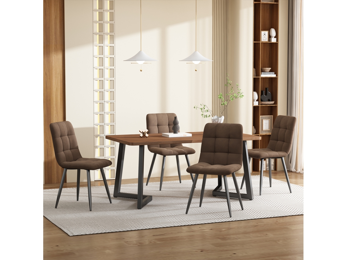 Conjunto Comedor 5 Piezas - Mesa Con 4 Sillas - Tablero Mdf Nogal - Estructura Metal Negro - Sillas Terciopelo Marrón