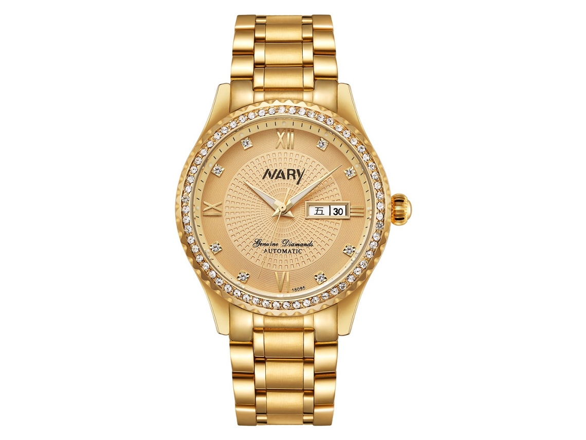 Reloj Mecánico Hombre Nary Aleación Correa Acero Inoxidable Impermeable Oro