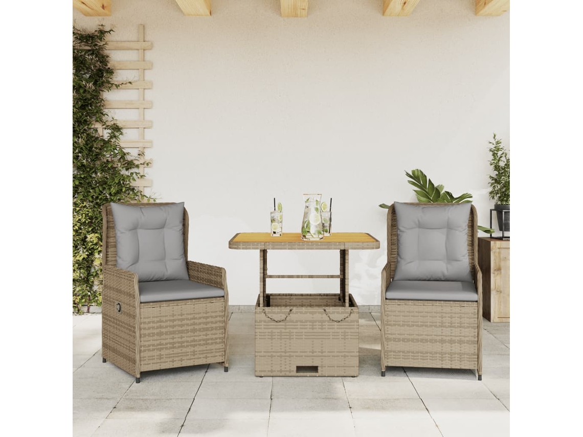 Conjunto de bistró de 3 piezas con cojines de mimbre beige de Dkd Home Decor