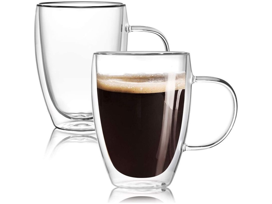 Paquete de 2 tazas de espresso de 355 ml con collarín, doble aislamiento térmico, vidrio de borosilicato, resistentes al calor.