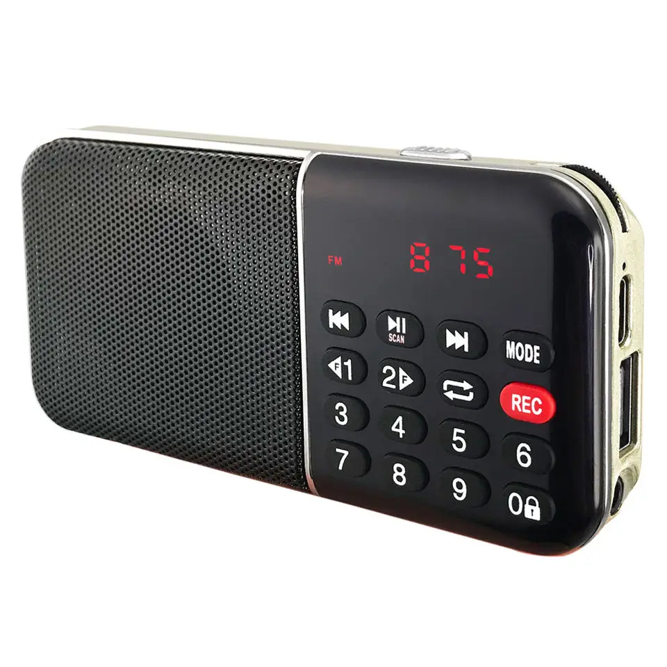 (Oro) Nueva radio FM con graves potentes, multifuncional, puerto de carga tipo CE, batería recargable.