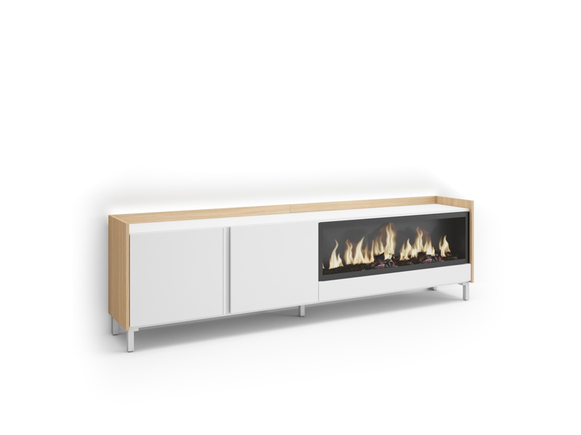 Mueble Tv, Televisión, 212x35x61cm, Para Tv Hasta 80", Chimenea Eléctrica Xxl, Diseño Industrial, Led, Blanco Y Roble Soft