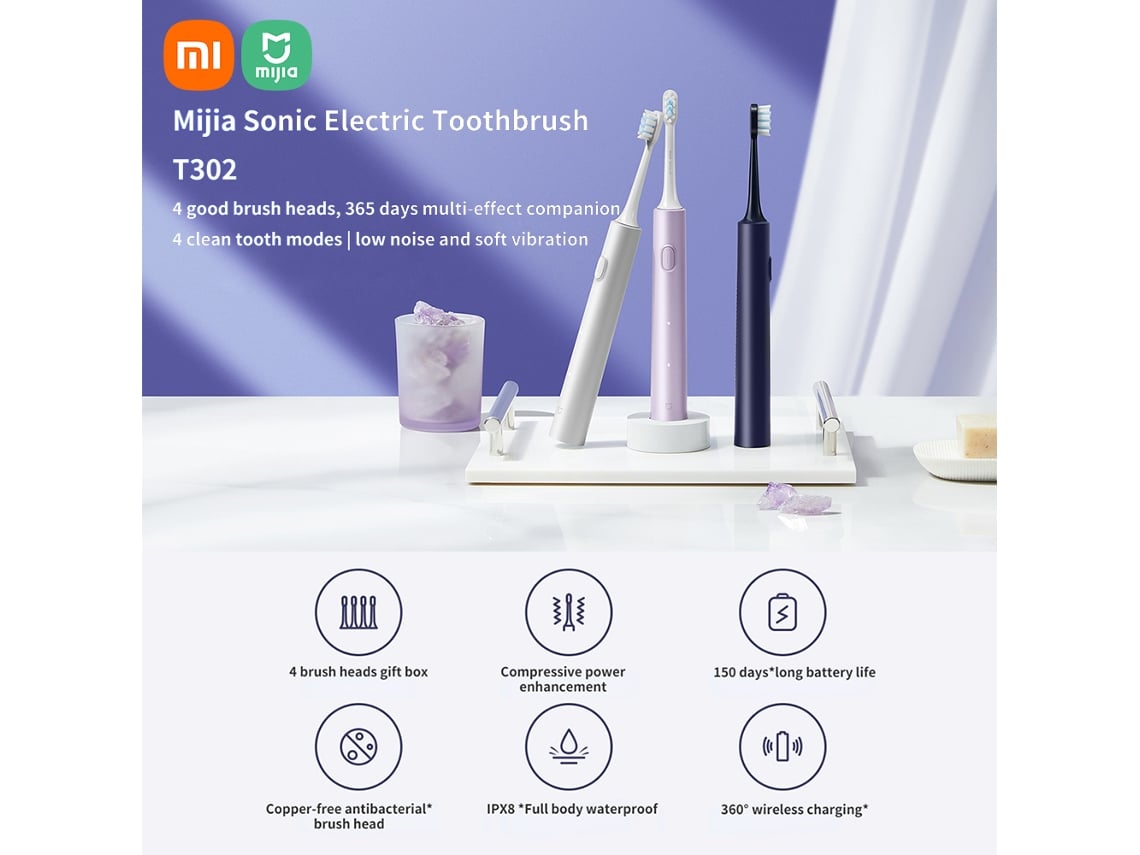 Cepillo De Dientes Eléctrico Sónico Xiaomi Mijia T302 Ipx8, Resistente Al Agua, Carga Inalámbrica, 4 Cabezales, Cepillo De Dientes Electrónico Sónico