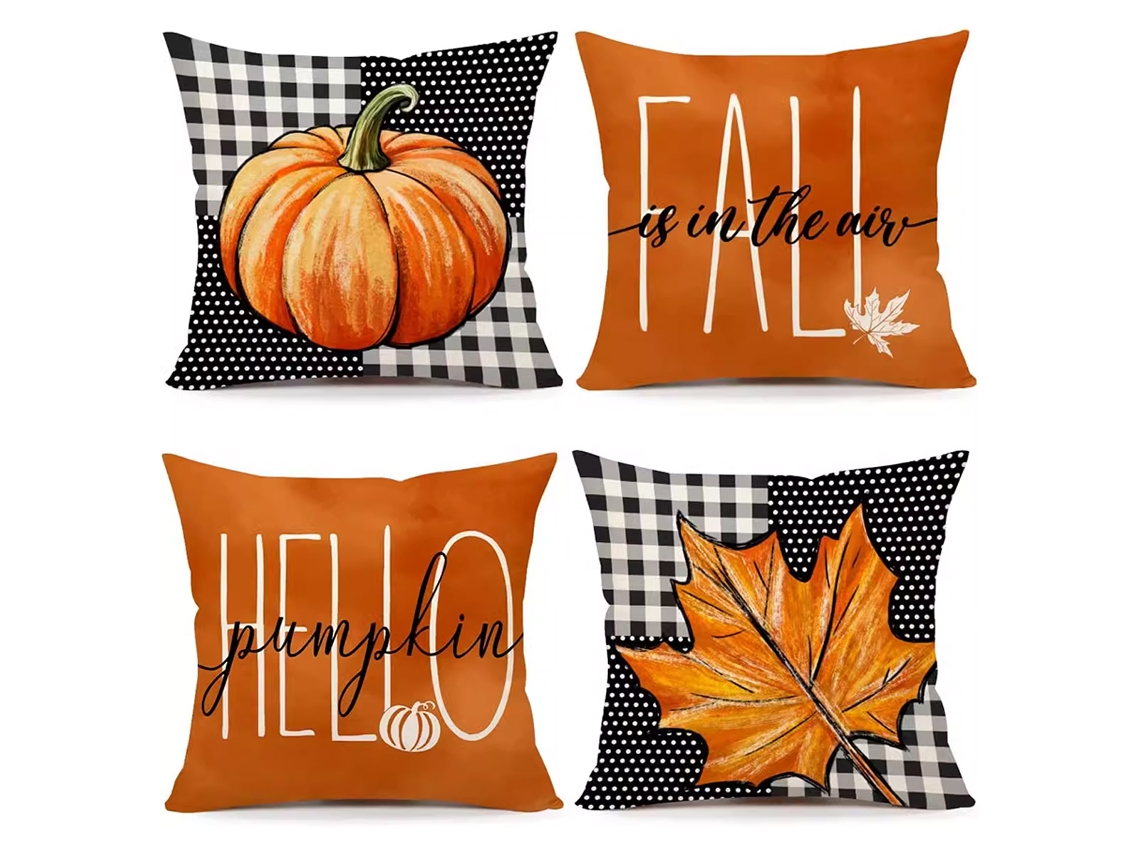 Juego de 4 Fundas de Cojines Otoñales 18x18, Decorativas con Rayas y Calabazas NEVEANCE