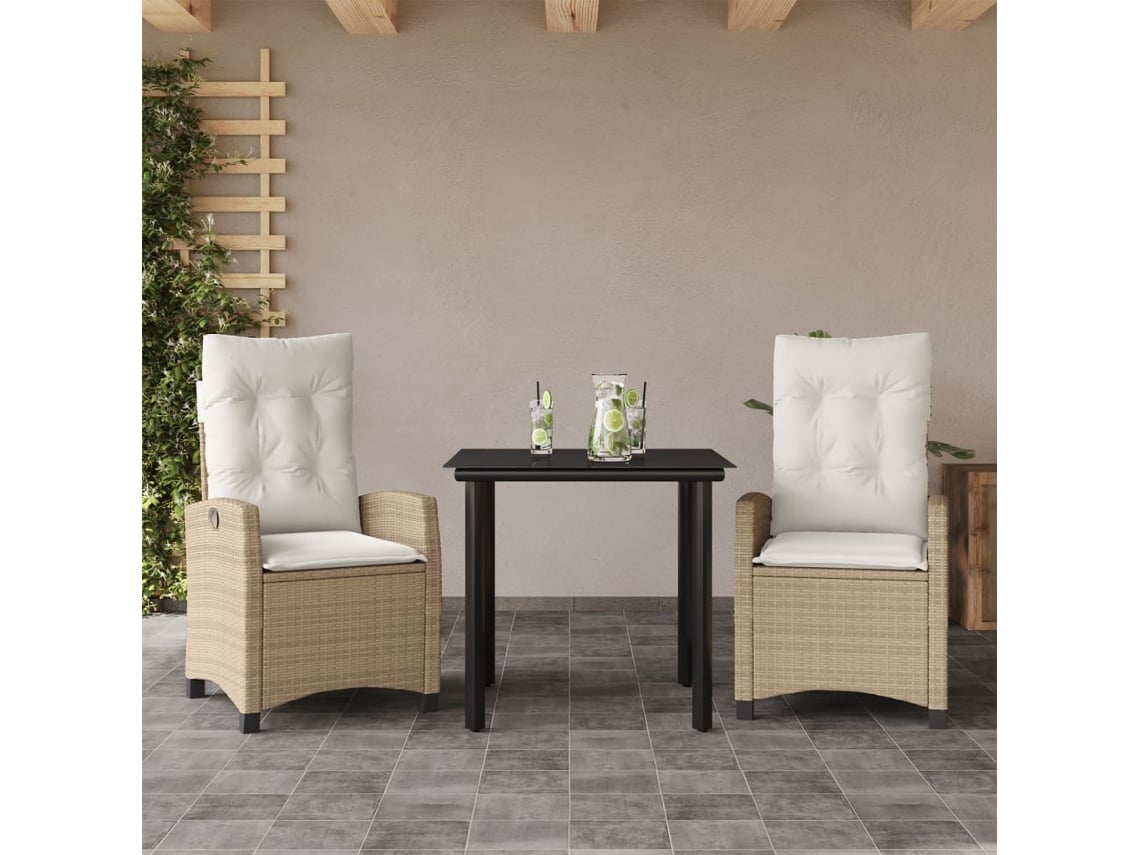 Juego de comedor de jardín de 3 piezas con cojines, mimbre sintético beige, Dkd Home Decor