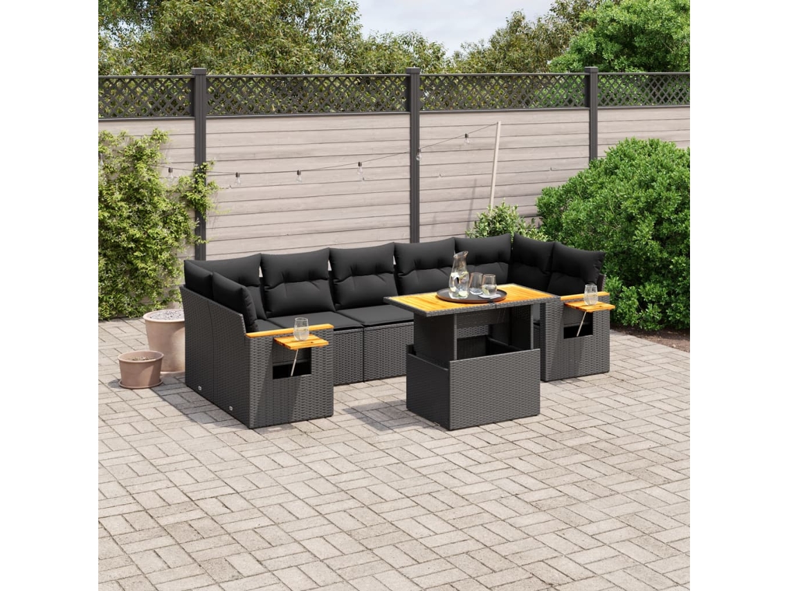 Conjunto de 8 sofás de jardín con cojines de mimbre sintético negro, Dkd Home Decor