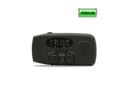 Radio solar de emergencia con linterna LED, radio meteorológica AM/FM y batería integrada.