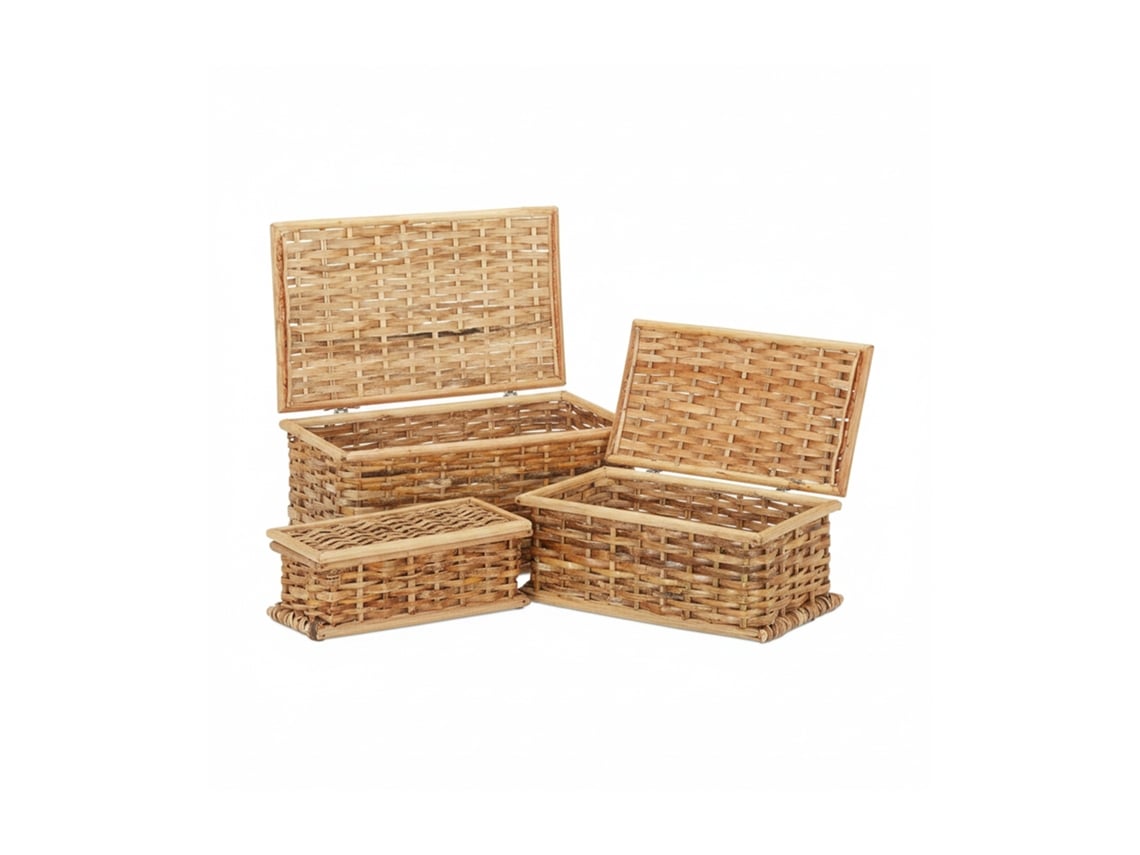 Relaxdays Conjunto De 3 Cestos De Rattan, Com Tampa, Trançado, Sala De Estar, 10 L, Estilo Rústico, Natural