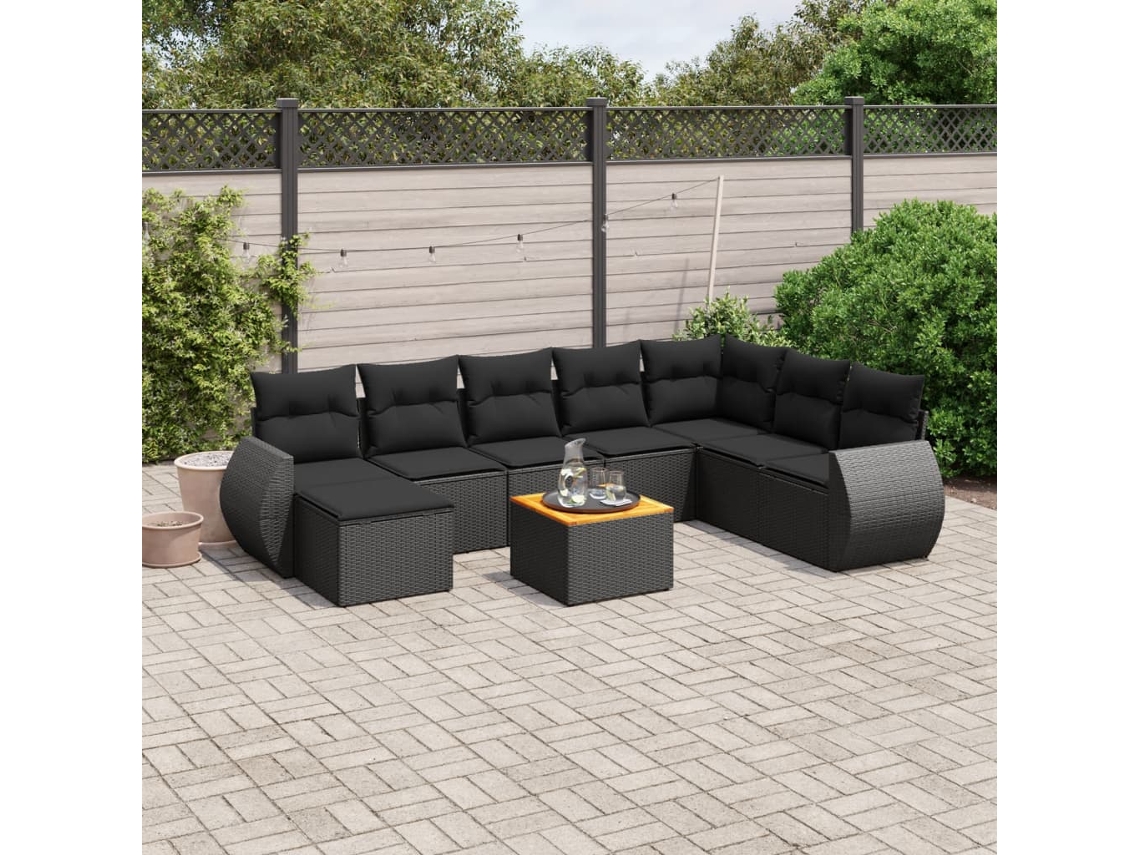 Conjunto de sofá de jardín de 9 piezas con cojines, ratán negro, Dkd Home Decor