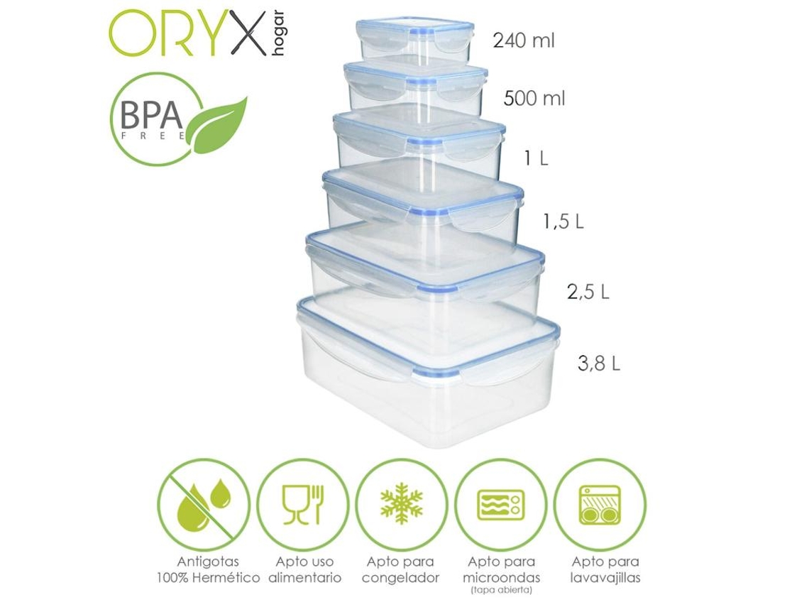 Juego Recipientes Cierres Hermeticos Plastico Rectangulares (6 Piezas) ORYX