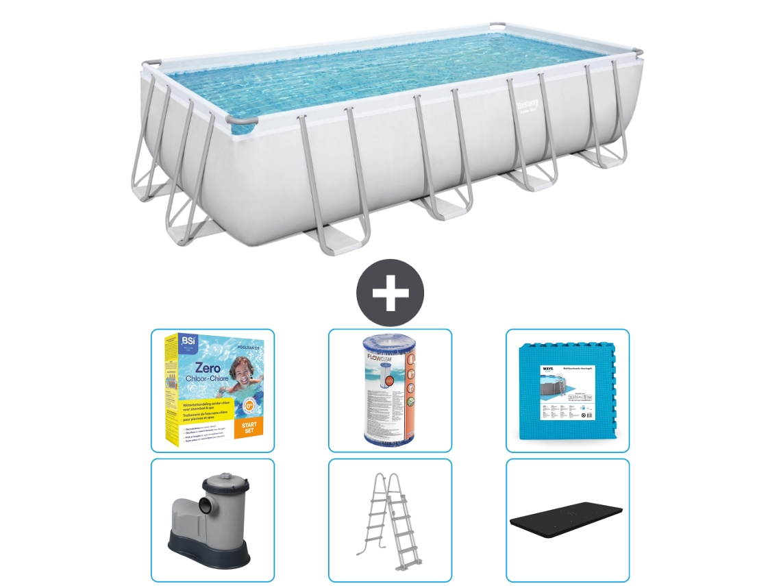 Piscina BESTWAY Rectangular Power Steel - 549 x 274 x 122 - Gris - Incluida bomba - Escalera - Cobertor Paquete de mantenimiento - Filtrar - Baldosas