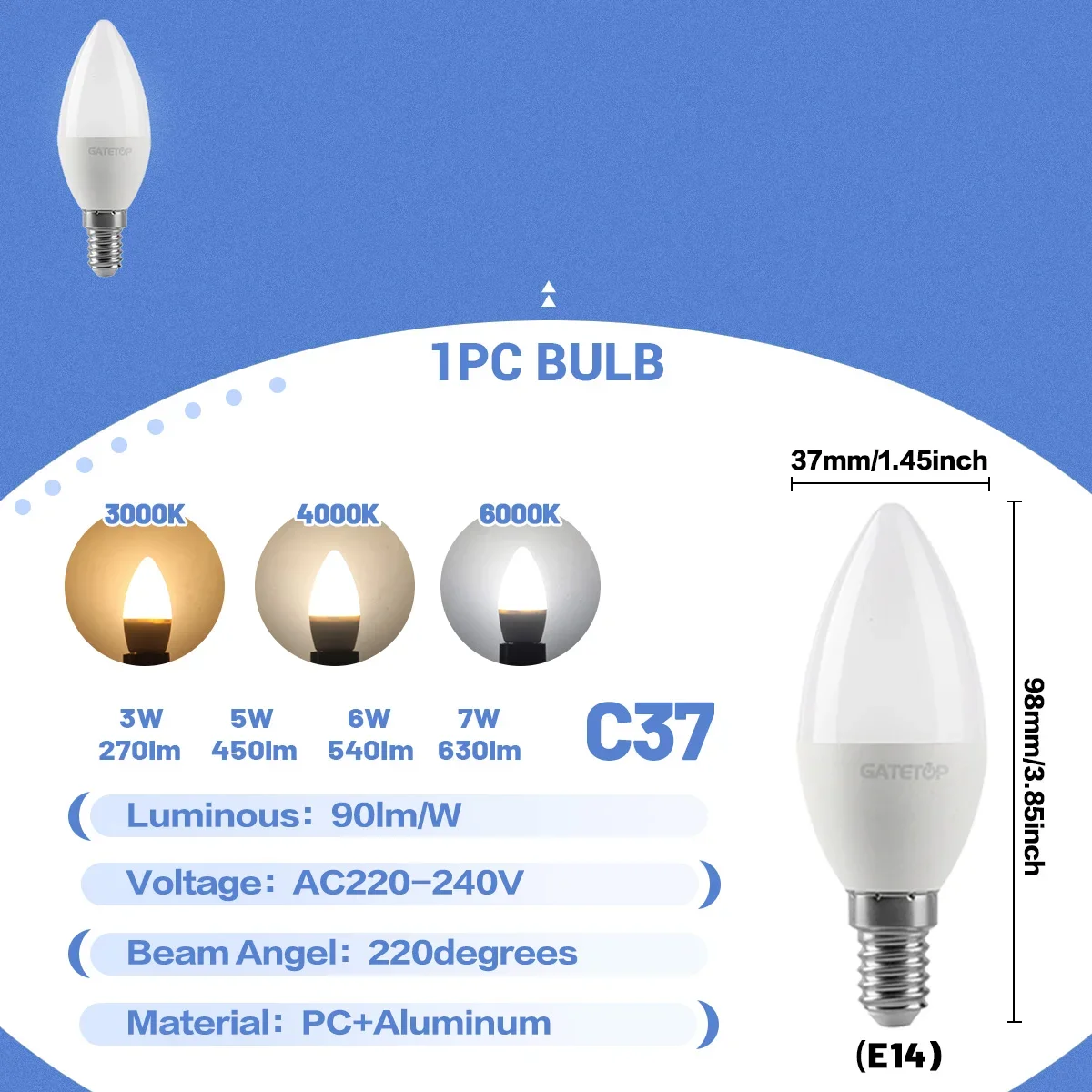 (1 Unidad, Luz Blanca Cálida 3000k) Mini Bombilla Led E14 C37, Adecuada Para Iluminación De Dormitorios, Cocinas, Hoteles Y Vestíbulos.