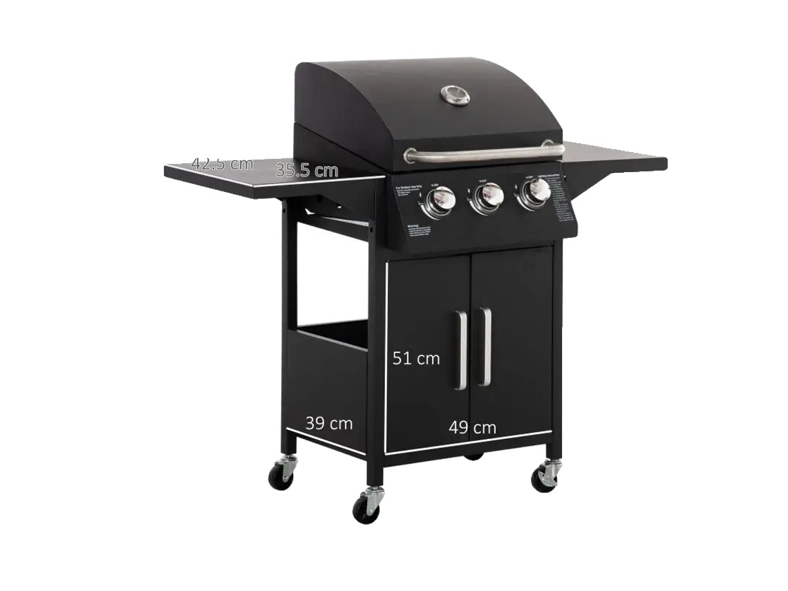 Parrilla de gas, 3 quemadores, 3 kW de potencia, dimensiones 121 x 55 x 109 cm, diseño portátil, termómetro de fácil lectura.