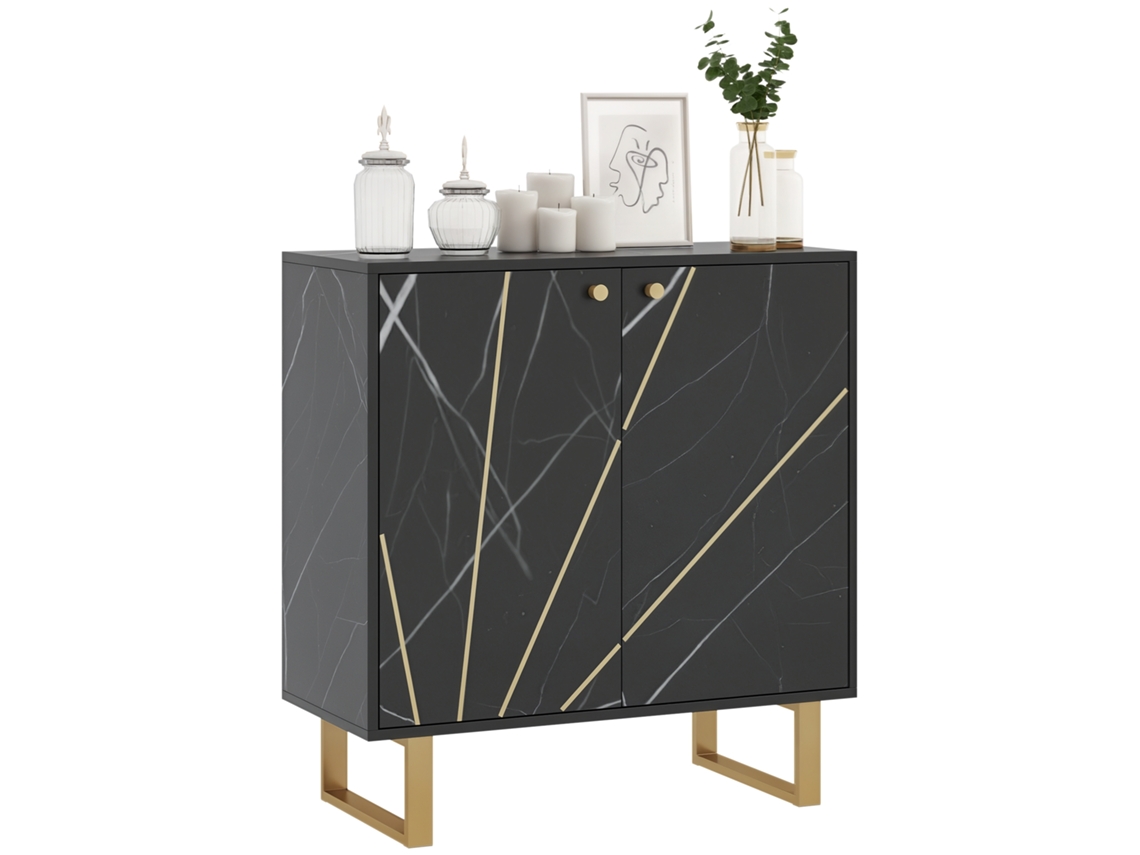 Aparador moderno con efecto mármol negro, 2 puertas, estante y patas metálicas.