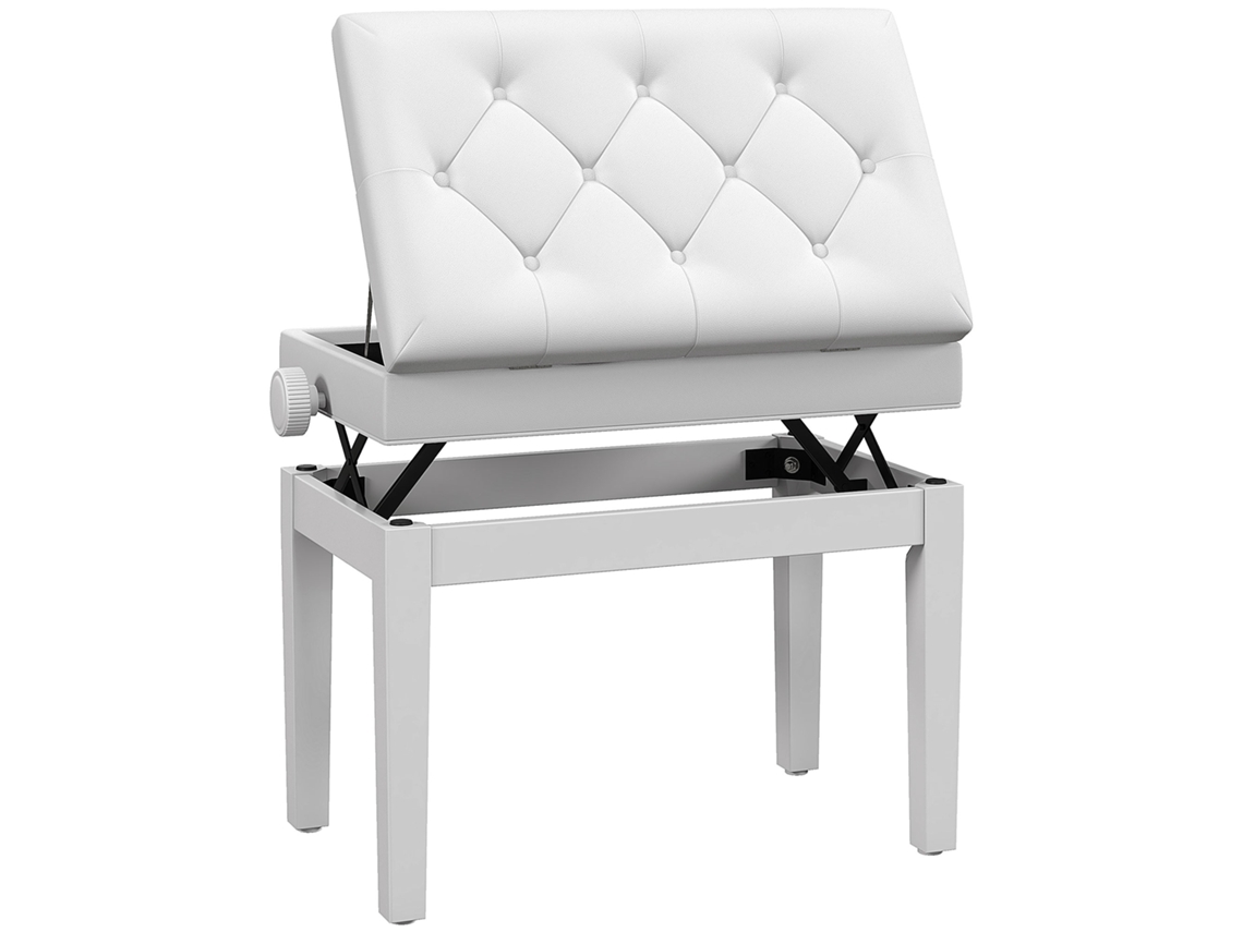 Banco De Piano Ajustable De 48-58 Cm Con Patas De Almacenamiento, Madera Blanca.