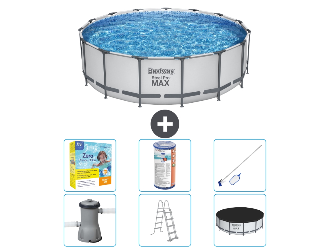 Piscina BESTWAY Round Steel Pro MAX - 457 x 122 cm - Gris - Bomba incluida - Escalera - Cobertor Paquete de mantenimiento - Filtrar - kit de limpieza