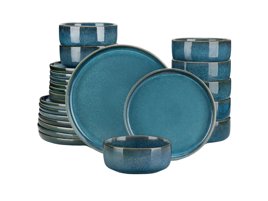 Juego de vajilla de 24 piezas, elegante vidrio reactivo azul, versátil para el hogar y restaurantes.