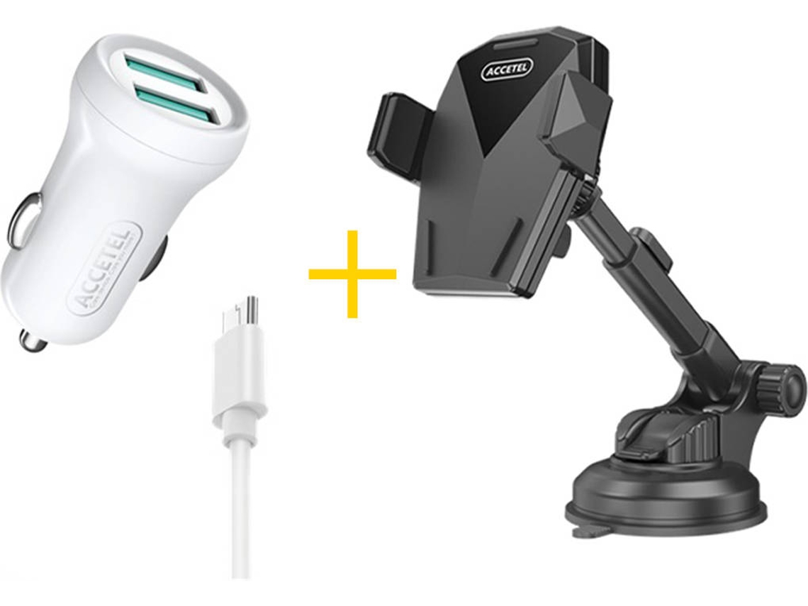 Kit Cargador Coche, Cable Micro USB y Soporte Móvil ACCETEL CC264 SP-129 (Negro y Blanco)