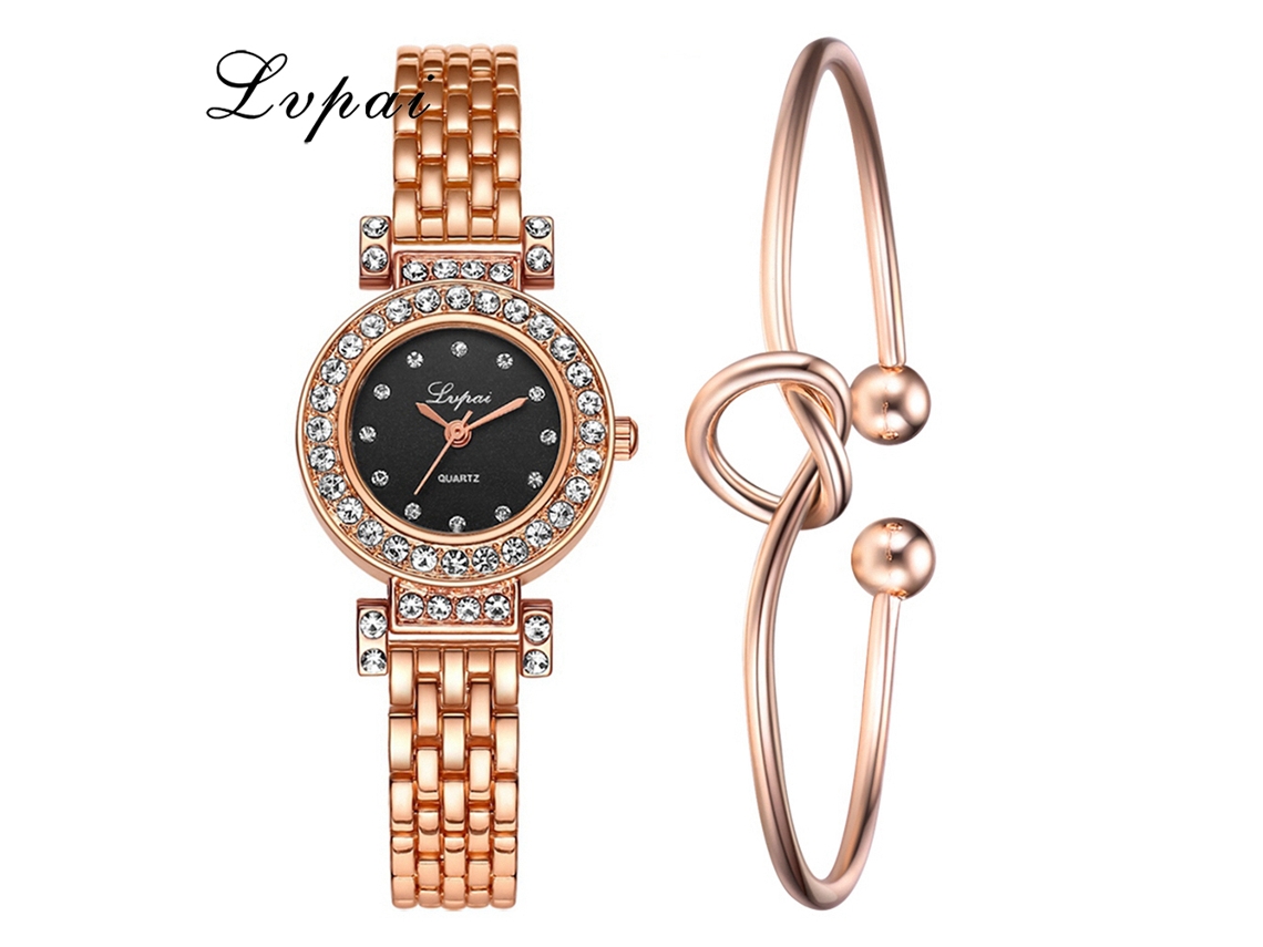 Reloj De Pulsera De Cuarzo Para Mujer Con Brazalete De Aleación Y Diamantes De Imitación, Estilo Moderno (oro Rosa Y Negro)
