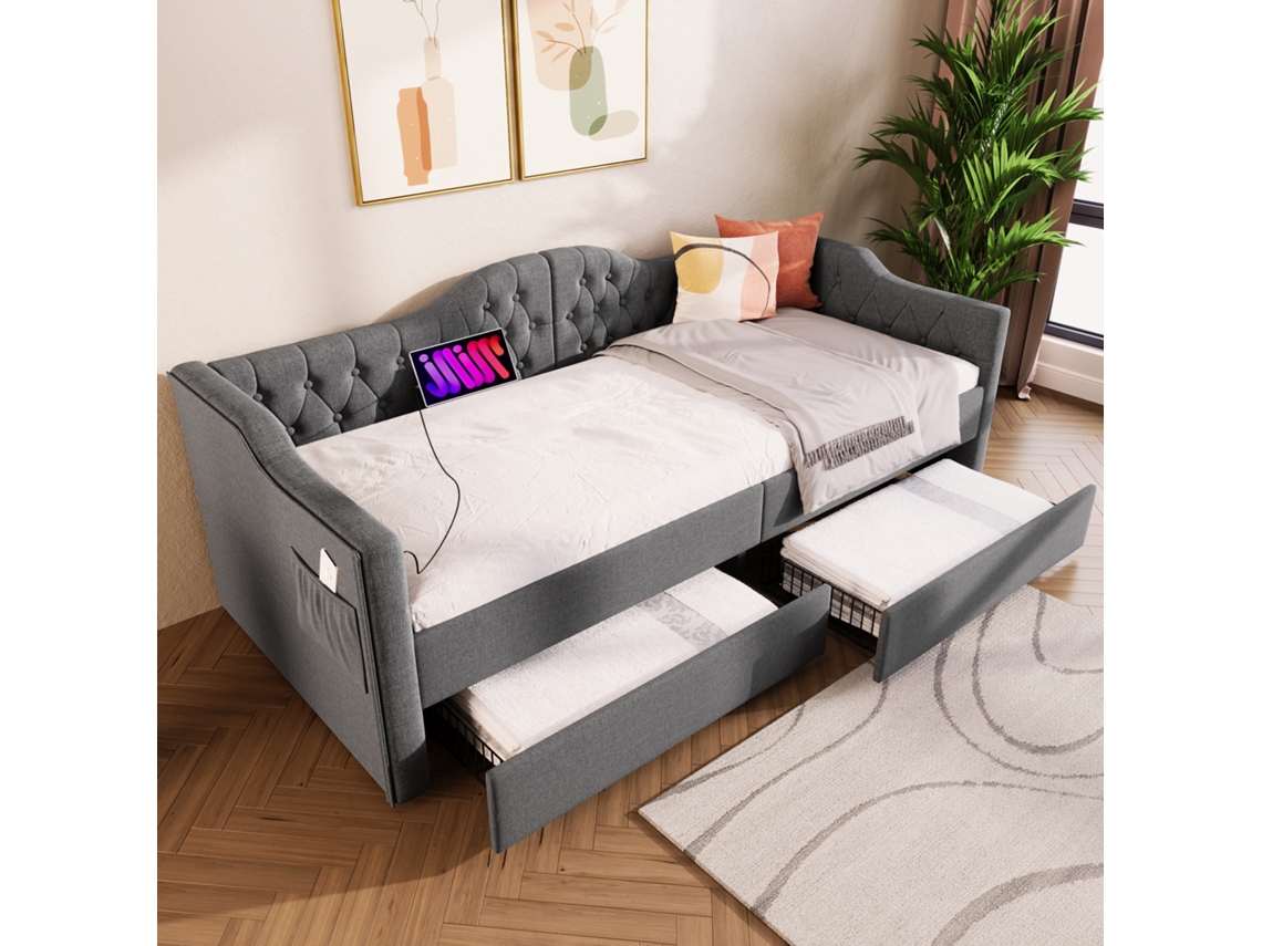Cama con cajones 90x190 cm tapizada en lino con función de relleno y somier de láminas color gris (colchón no incluido)