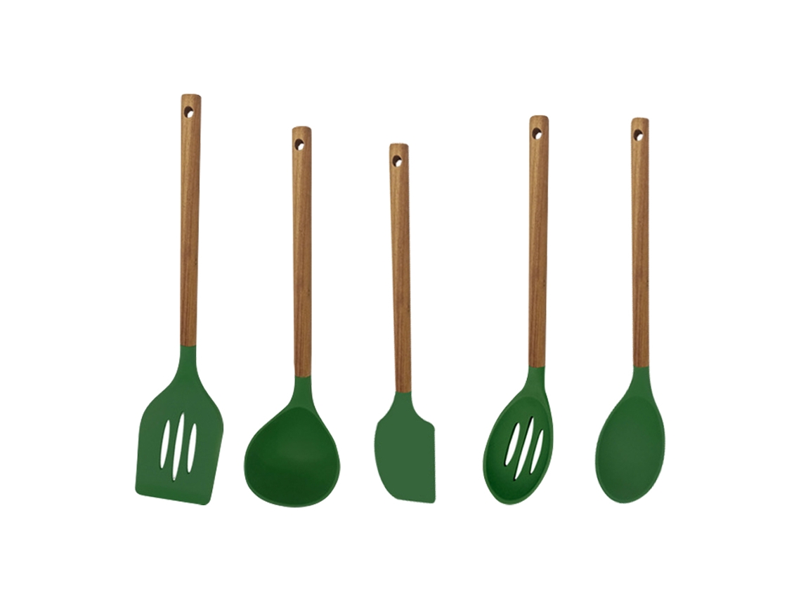 Utensilios De Cocina De Silicona Con Mango De Madera - Juego De 5 Piezas JEIIBRZUI