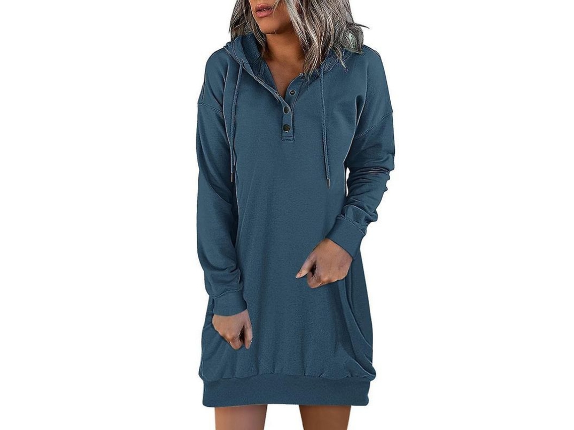 Vestido con capucha Rebe para mujer, color liso, manga larga, azul marino, para otoño/invierno.