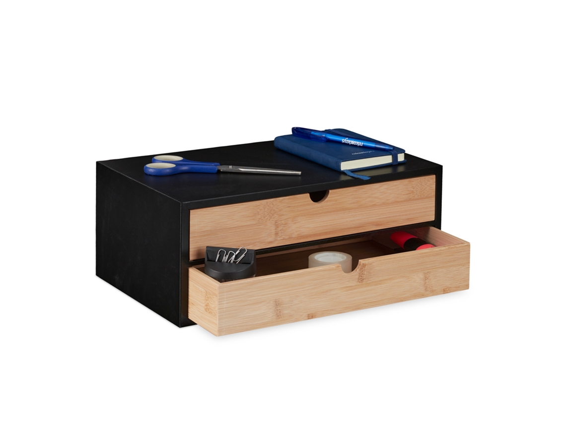 Relaxdays Organizador De Escritorio Con 2 Cajones, Bambú Veteado Y Mdf, Cajonera De Sobremesa, 14x33x21cm, Negro/natural