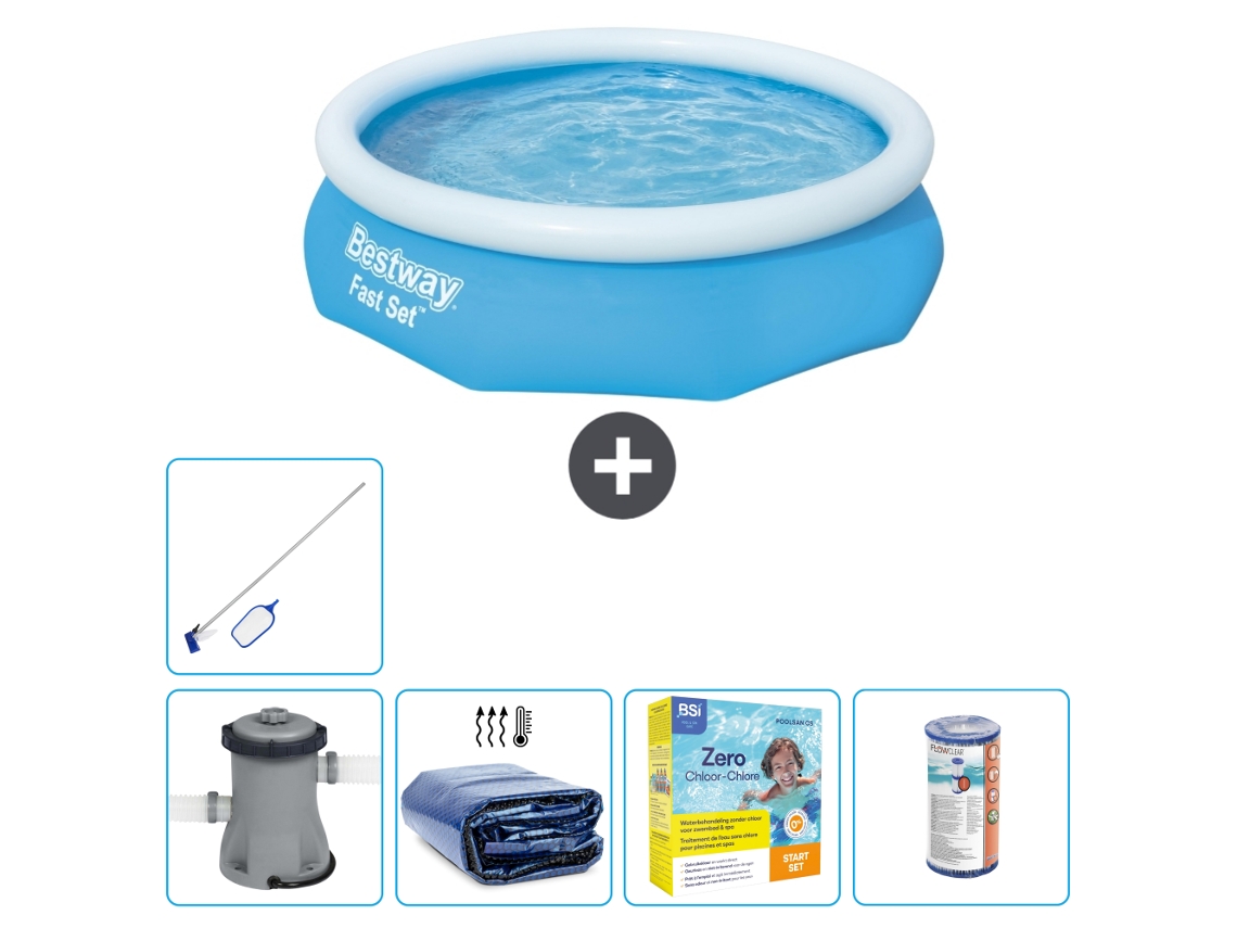 Piscina hinchable redonda Fast Set BESTWAY - 305 x 76 cm - Azul - Bomba incluida Vela solar - Paquete de mantenimiento - Filtrar - kit de limpieza