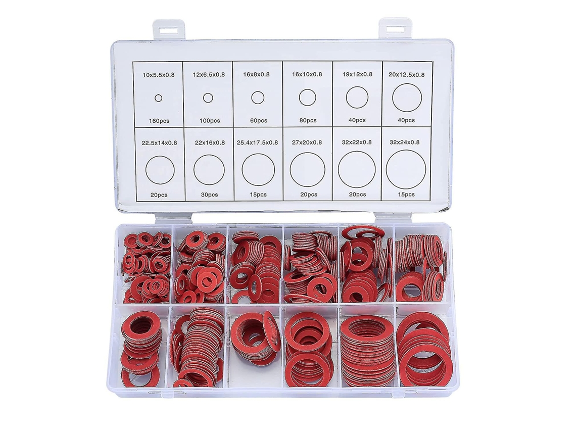 Kit De 600 Arandelas De Fibra 12 Tamaños Acero Rojo Papel Anillo Plano Sellador Para Fontanería Electrónica Aplicaciones Varias Rojo