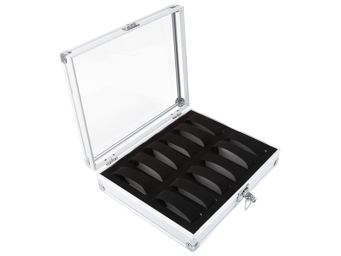 Caja De Almacenamiento De Relojes De Aluminio Con 12 Compartimentos Y Cerradura Plateada.