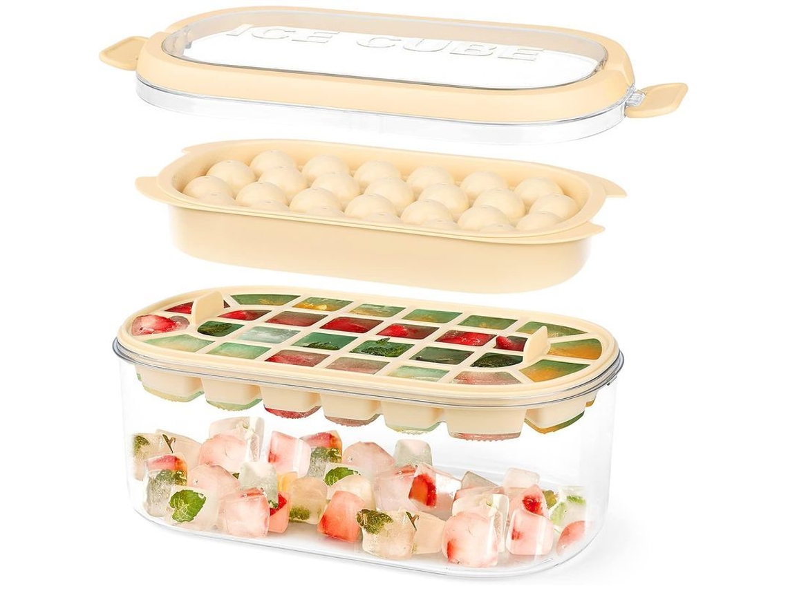 Bandeja Para Cubitos De Hielo Con Tapa Rebosadora, 54 Moldes De Silicona Flexibles Con Recipiente Y Cuchara, Color Beige.
