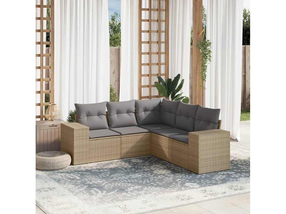 Conjunto de sofá de jardín de 5 piezas con cojines, mimbre sintético beige, Dkd Home Decor